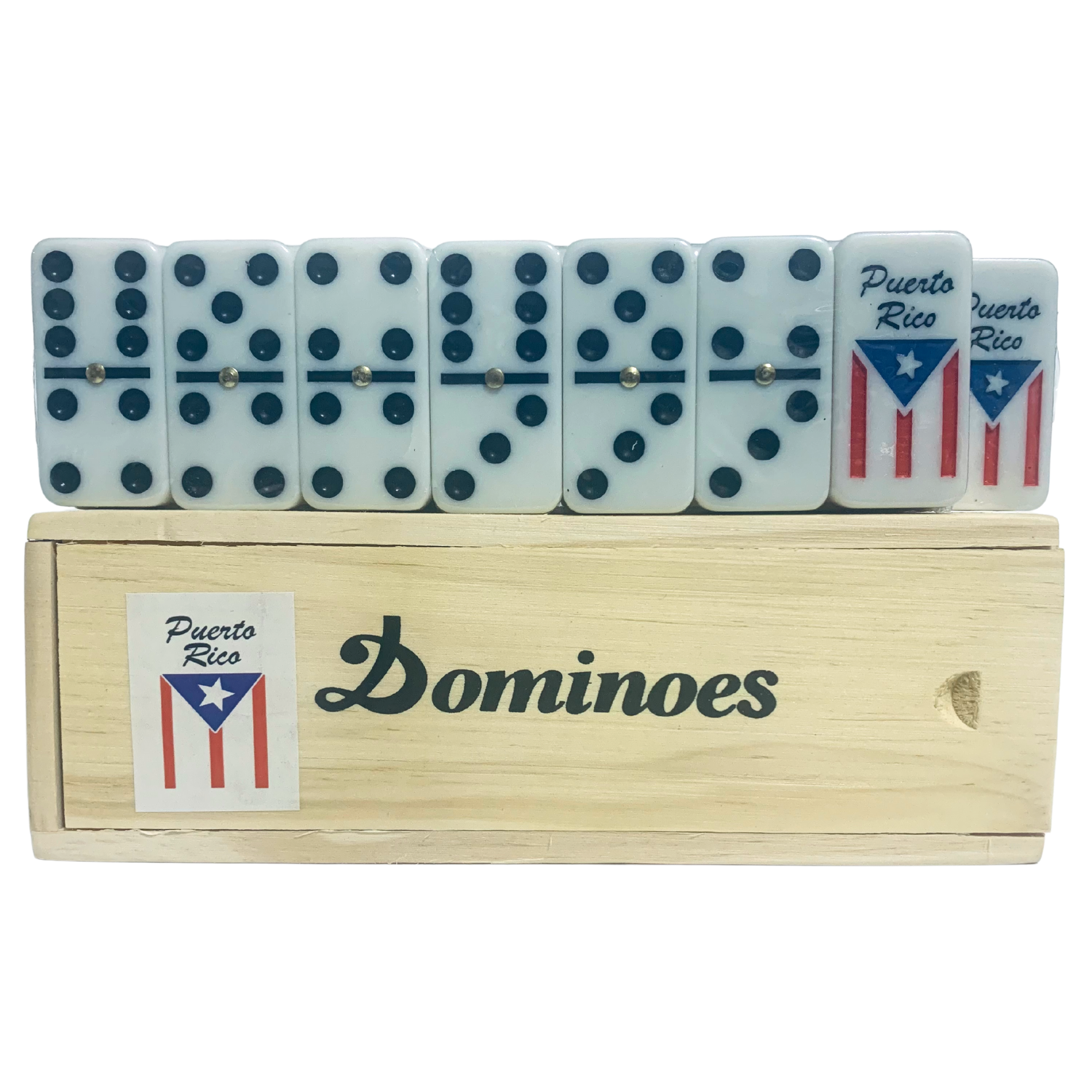 Primary image for Puerto Rico Full Size Double Six Dominoes: Flag, Wooden Box