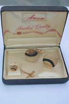 Vintage ANSON Gold Tone Cufflinks &amp; Tie Tack Set w/ Box - £11.17 GBP