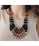 Black &amp; Brown Wood Look Statement Necklace, Multi-Strand Vintage Bib - €24,46 EUR