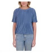 Andrew Marc Womens Top Light Blue Plisse Short Sleeves Round Neck Boxy Fit - $53.50 CAD