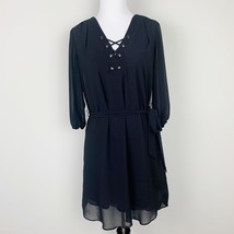 IZ Byer Belted Dress Size Medium Laced V-Neck Half Sleeve Layered Black - $157.84 MXN