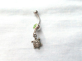 Cute Land Turtle Hand Engraved USA Pewter Design on 14g Lime Green CZ Belly Ring - £6.79 GBP