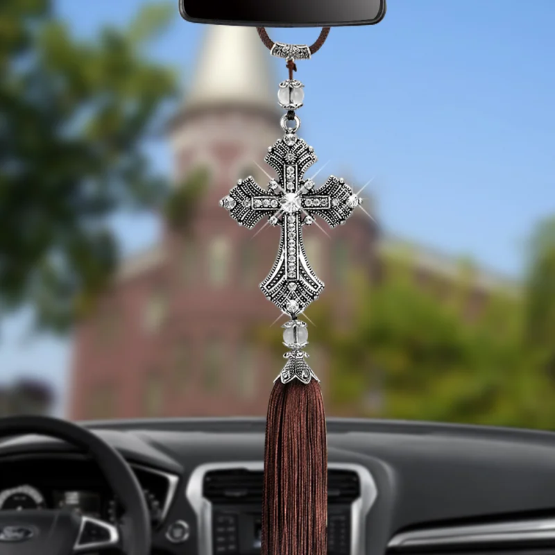 Car Pendant Metal And Crystal Diamond Cross Jesus Christian Auto Rearview Mirror - £12.10 GBP