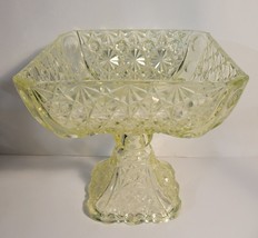 Vaseline Glass Square Compote Daisy &amp; Button Pattern Glows Green w Black... - £91.92 GBP