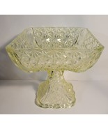 Vaseline Glass Square Compote Daisy &amp; Button Pattern Glows Green w Black... - £91.92 GBP