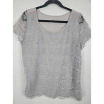 Lane Bryant Blouse 14/16 Womens Plus Size Grey Lace Overlay Cap Sleeve Top - $20.58