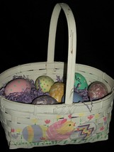 Easter Basket 7 Wooden Eggs White Pastel Gift Decor Purple Grass Polka Dot - $49.99