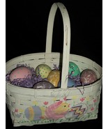 Easter Basket 7 Wooden Eggs White Pastel Gift Decor Purple Grass Polka Dot - £39.32 GBP