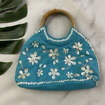 Coldwater Creek Vintage y2k Silk Beaded Purse Bag Blue White Shells Trop... - $26.72