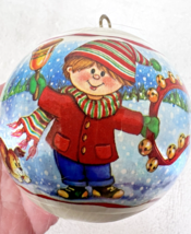 Vintage 1980's Jingle Bells Boy Dog Squirrel Snow Satin Ball Ornament 2 ... - $8.42