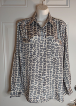 Alfred Dunner Button-Down Long Sleeve Pockets Gray White Silky Tunic Blouse 12 - £10.83 GBP