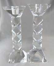 Pair OLEG CASSINI Faceted Crystal Glass Candlestick Holders (7.25&quot; H) Signed - £15.59 GBP