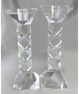 Pair OLEG CASSINI Faceted Crystal Glass Candlestick Holders (7.25&quot; H) Si... - £15.29 GBP