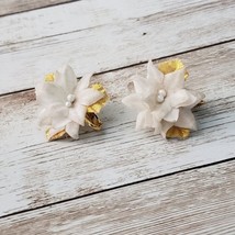 Vintage Clip On Earrings - Fabric Flowers White &amp; Gold Tone - £9.58 GBP