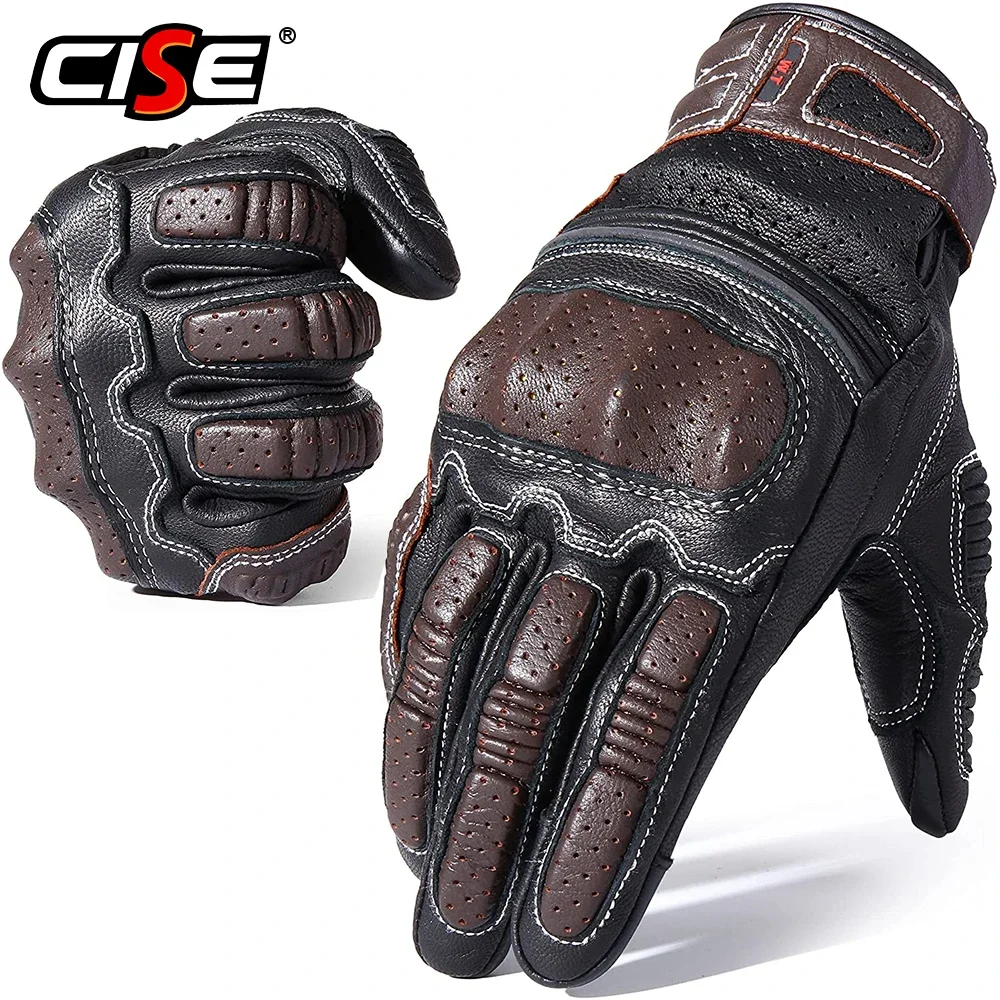 Genuine Leather Vintage Motorcycle Full Finger Gloves Rubber Guard Protection - £29.32 GBP+