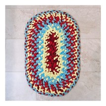 Yellow Blue and Red Woven Braided Rag Rug Recycled Country Farmhouse Cot... - £87.61 GBP