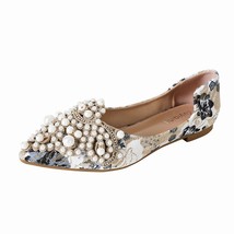 wedding shoes pearl beading slip on loafers women pointed toe flower print balle - £30.94 GBP