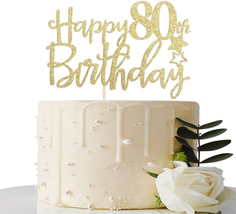 Gold Glitter Happy 80th Birthday Cake Topper Hello 80 Party Decoration NEW - £9.84 GBP