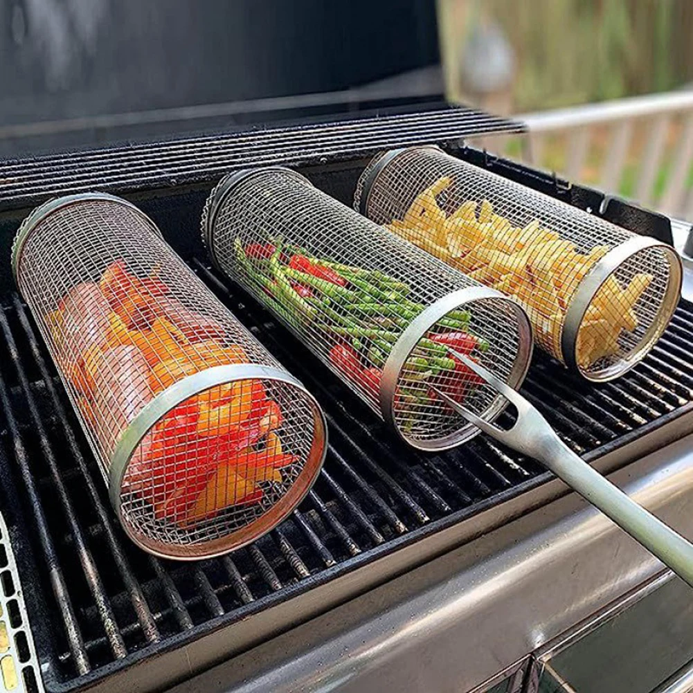 Tainless steel bbq cylinder grill basket mesh outdoor camping barbecue rack grid picnic thumb200