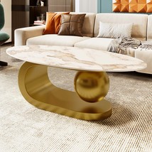 Modern Oval Coffee Table: Marble Sintered Stone, Gold Stainless Base - $420.99