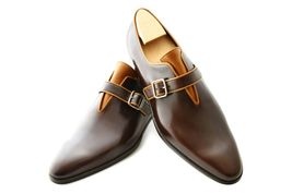 Handmade Brown Color Leather Monk Single Buckle Strap Plain Toe Shoes for Men - £126.78 GBP