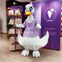 Lavender Swans mascot costume character dressed with a V-Neck Tee and Tote bags - $1,249.00