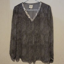 Knox Rose Casual Pleated Front Blouse Sequin V-Neck sz S Gray - £20.30 GBP
