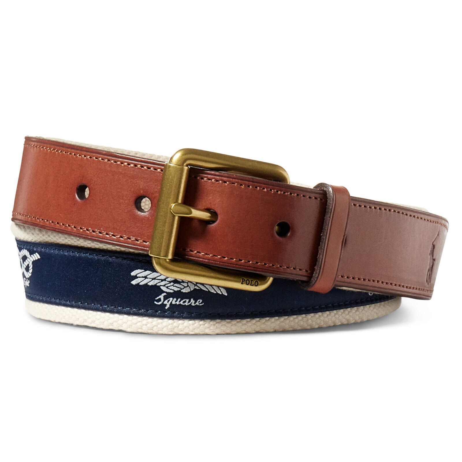 POLO RALPH LAUREN Navy Nautical Knots Cotton Webbed Leather End Roller Belt 40 - £62.57 GBP