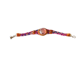 Pink and Blue Braided Leather Adj Bracelet for Women Glass Pink Pendant Signed - £5.53 GBP