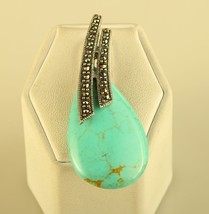 Vintage Sterling Silver Signed PK 925 Large Turquoise Stone &amp; Marcasite Pendant - £43.79 GBP