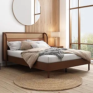 Merax Modern Farmhouse Solid Wood Platform Bed with Rattan Headboard Que... - $778.99