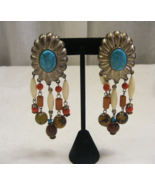 Vintage Dangle Clip Silver Earrings Faux Turquoise Dangle Beads Ellen De... - $52.92