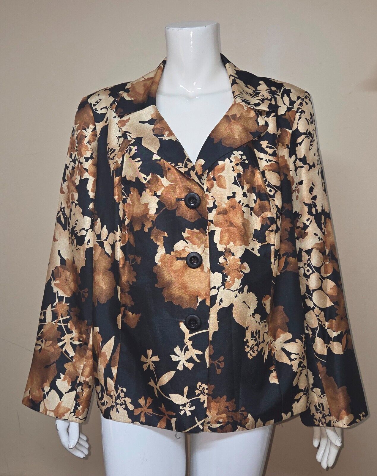 Le Suit Floral Black Brown Blazer Jacket Fully Lined Women Size 18 W - $14.84