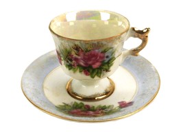 Footed Demitasse Teacup and Saucer, Pearlescent, Gold Highlights, Red Roses - £11.08 GBP