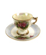 Footed Demitasse Teacup and Saucer, Pearlescent, Gold Highlights, Red Roses - $20.02 CAD