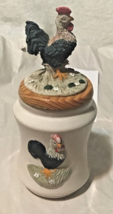 Vtg Rooster Tea Canister Ceramic With Wood Base Lid and Seal  - £8.33 GBP