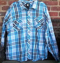 OP Ocean Pacific Long Sleeve Shirt 2XL Turquoise White Plaid 2 Pockets - £19.37 GBP