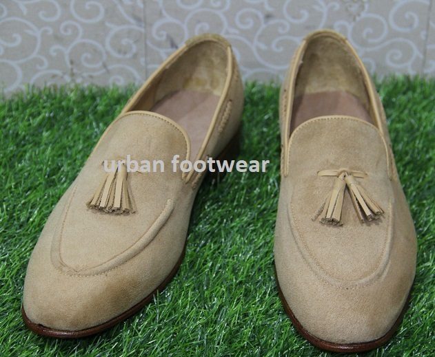 Mens New Handmade Shoes Formal Dress Beige Suede Tassels Moccasin Boots