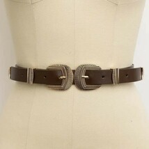 Double Buckle Vegan Leather Western Style Belt Brown - $454.57 MXN
