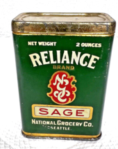 Antique Reliance Sage Tin Litho Can 4 Oz 3 1/4 inch Green Gold Spice Kit... - £14.10 GBP