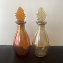 Set of 2  Iridescent Amber Gold 6.5” Glass Bottle  With Leaf Stopper NEW - £6.76 GBP