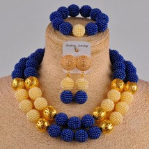 royal blue yellow african jewelry set simulated pearl nigerian beads wedding jew - £36.99 GBP
