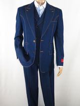 Men Denim Suit Royal Diamond 3 Piece vested Wide Leg Pleated Pants Den10 Blue image 11
