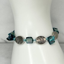 Silver Tone Floral Blue Shell Beaded Toggle Bracelet - £5.53 GBP