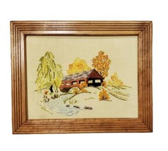 Vintage Crewel Embroidered Covered Bridge Countryside Landscape Picture Framed - £38.66 GBP