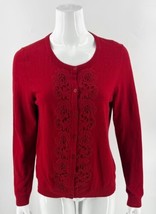 Talbots Cardigan Sweater L Red Crochet Lace Detail Button Up Wool Cotton Blend - £19.41 GBP