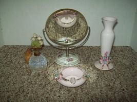 Vintage vanity set mirror perfume atomizer Lefton vase ash tray porcelai... - £15.75 GBP