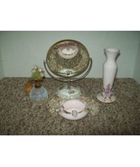 Vintage vanity set mirror perfume atomizer Lefton vase ash tray porcelai... - $20.00