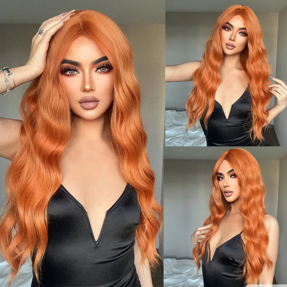 Copper Ginger Orange Long Water Wave Synthetic Wigs with Bangs for Women Cospl - £19.59 GBP+
