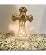 Tabletop Cross Plug-In Lighted 9" Tall Carved Ceramic Antique White Gold Celtic - $24.99